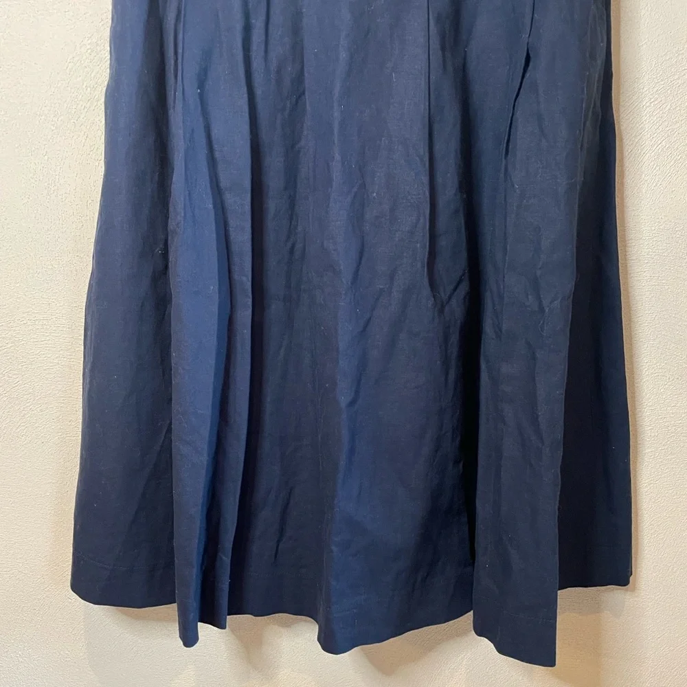 Uniqlo Navy Blue Cotton Linen A-Line Pleated High-Waisted Below the Knee Skirt M